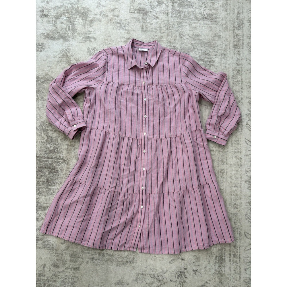 J. Jill Love Linen Striped Tiered Shirt Dress In Pink Size Medium Resort Coastal - Picture 2 of 9